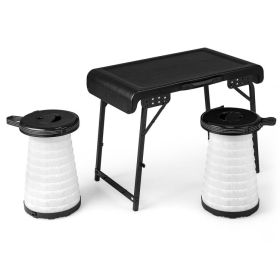 3 Pieces Folding Camping Table Stool Set with 2 Retractable LED Stools (Color: Black)