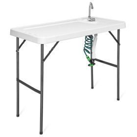 Folding Cleaning Sink Faucet Cutting Camping Table with Sprayer (Color: White)