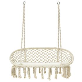 2 Person Hanging Hammock Chair with Cushion Macrame Swing (Color: Beige)